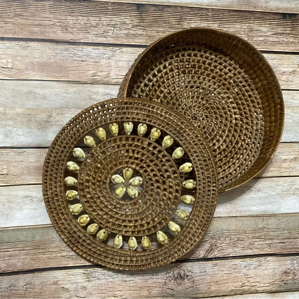 Hand Made 9.5”Round Covered Basket withh Yellow Cowrie Shells from Virgin Island